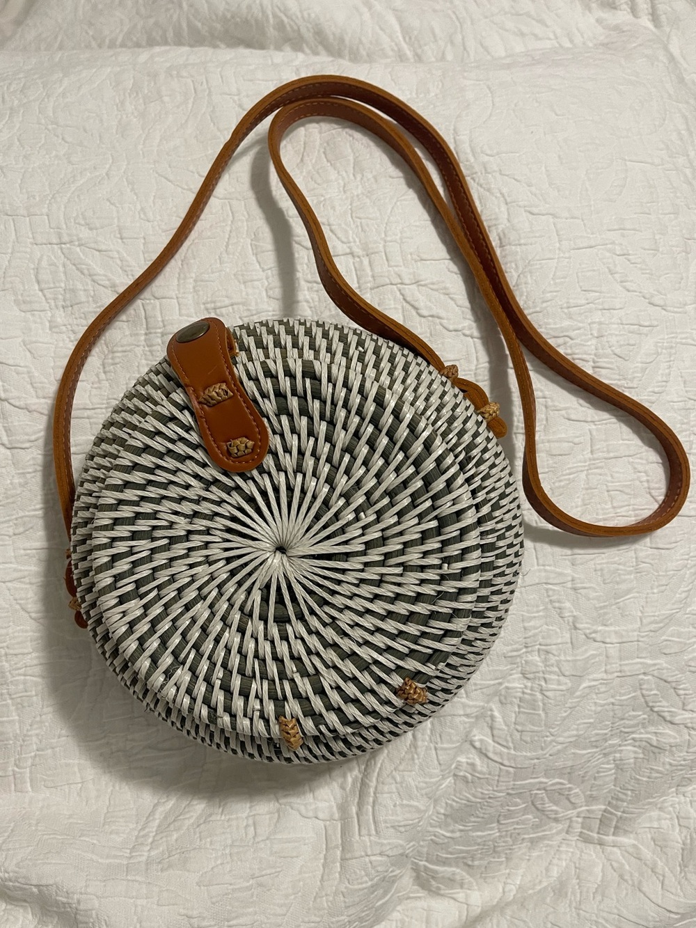 Bali Woven Round Crossbody Bag with Tan Leather Strap